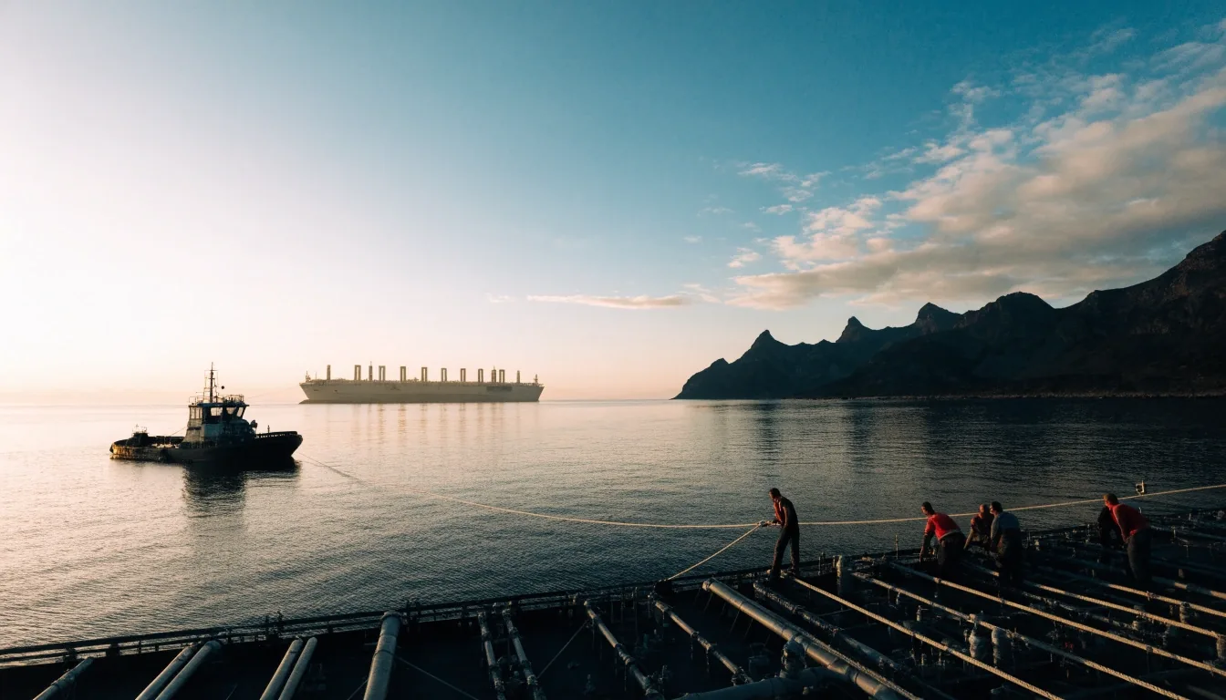 Buque metanero fondeado frente a la costa patagónica al atardecer, con el casco de una unidad flotante en el horizonte