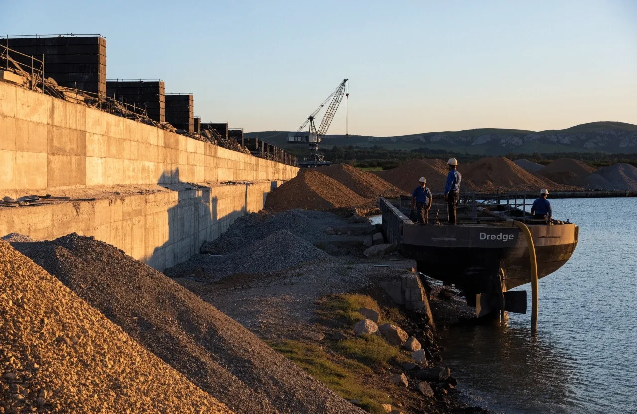Obra portuaria en construcción sobre la costa patagónica con draga junto al muelle