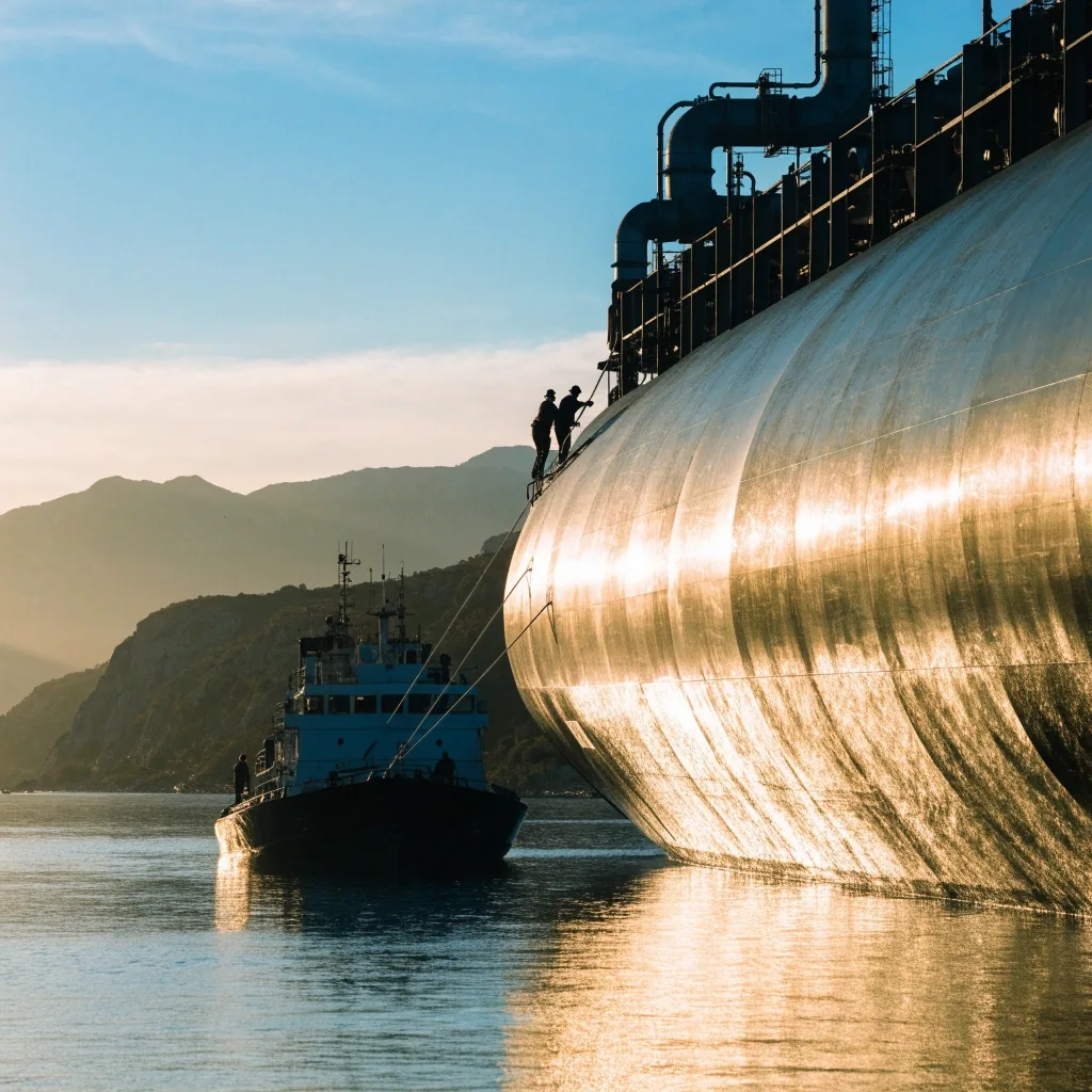 Unidad flotante de licuefacción fondeada en una bahía patagónica al atardecer