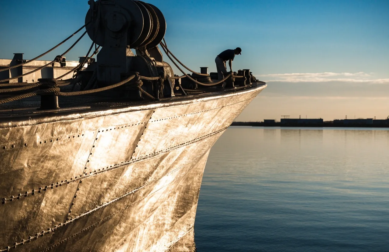 Proa de un buque metanero fondeado al atardecer con silueta industrial en el horizonte