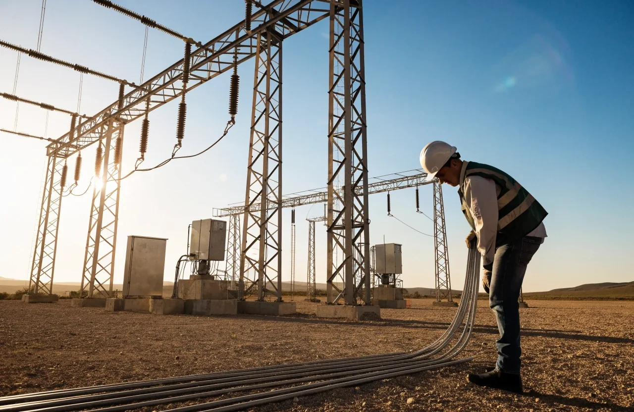 Subestación eléctrica de alta tensión sobre la llanura con aisladores a contraluz