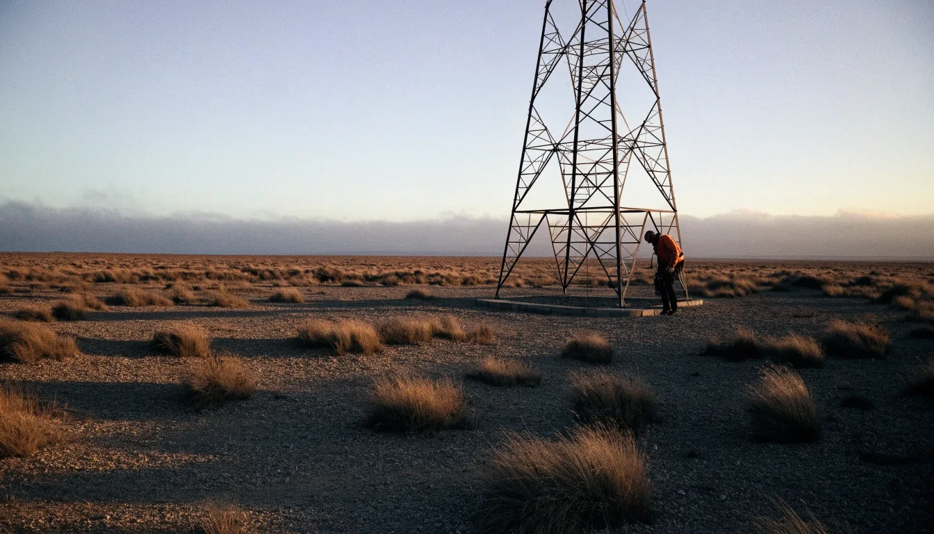 Torre de alta tensión sobre un pad de grava en la estepa, con luz de tarde baja
