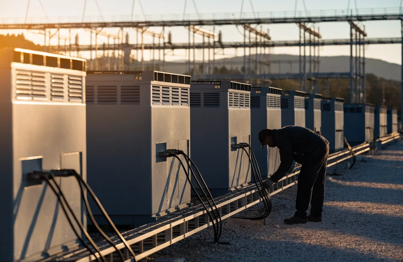 Patio de baterías de almacenamiento eléctrico sobre terreno de grava al atardecer
