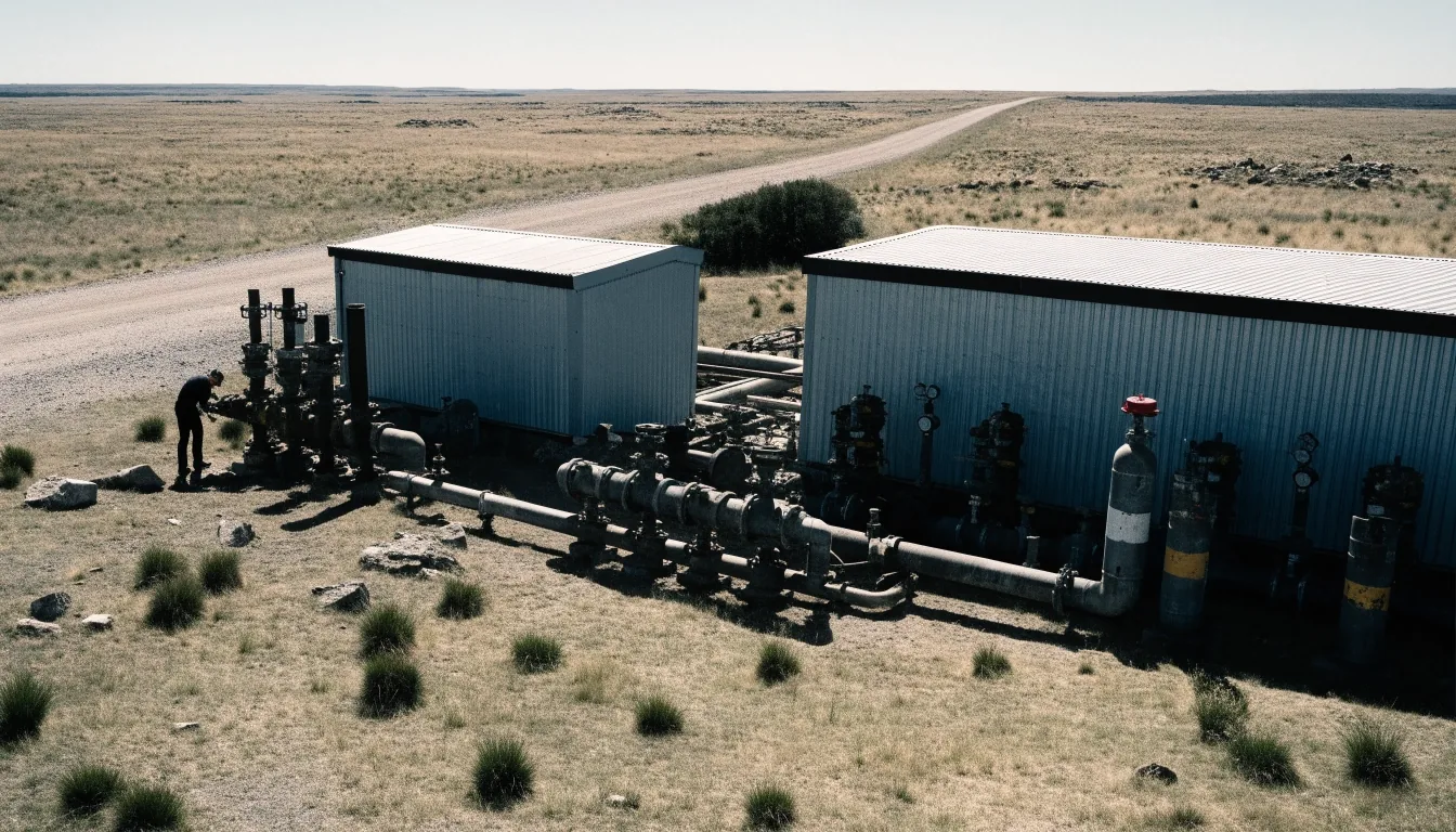 Estación compresora sobre la estepa patagónica vista desde una elevación leve, con camino de grava hacia el horizonte