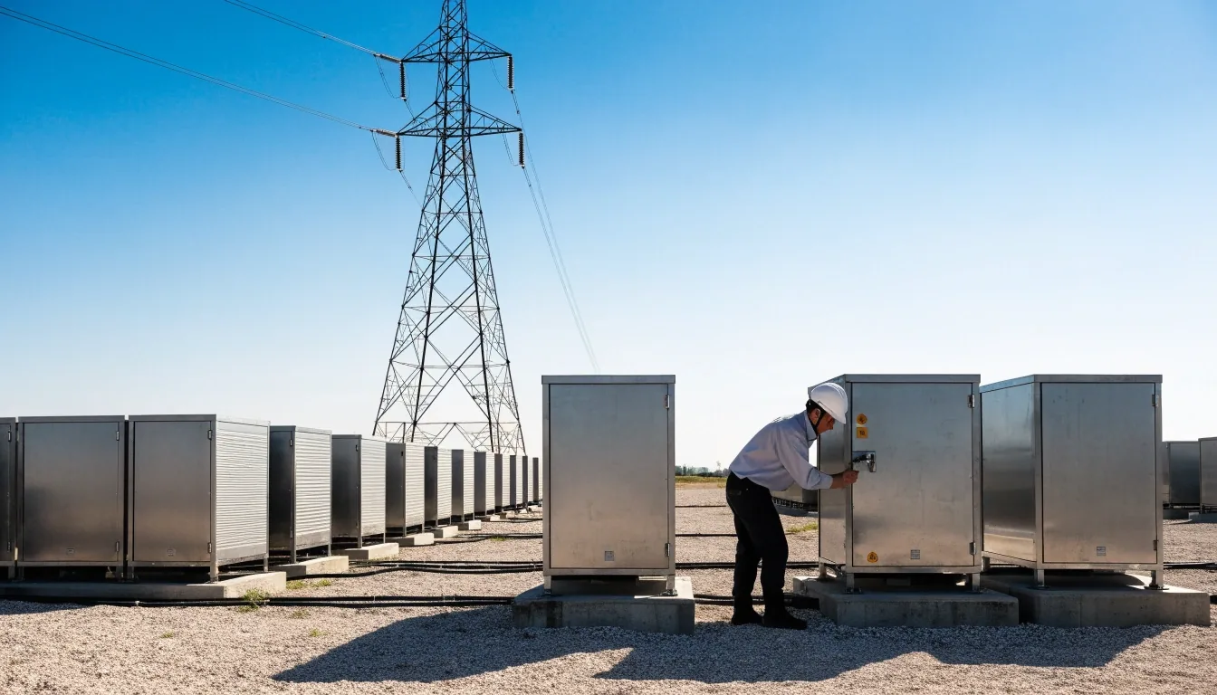 Predio de contenedores de almacenamiento en baterías sobre terreno de grava, con torre de alta tensión al fondo