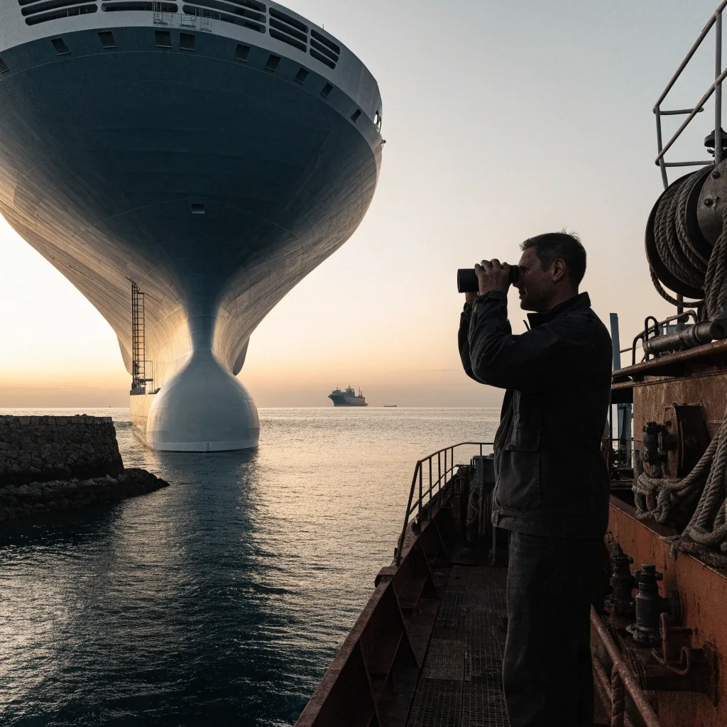 Proa de un buque metanero fondeado sobre agua calma al atardecer, con silueta de plataforma flotante en el horizonte