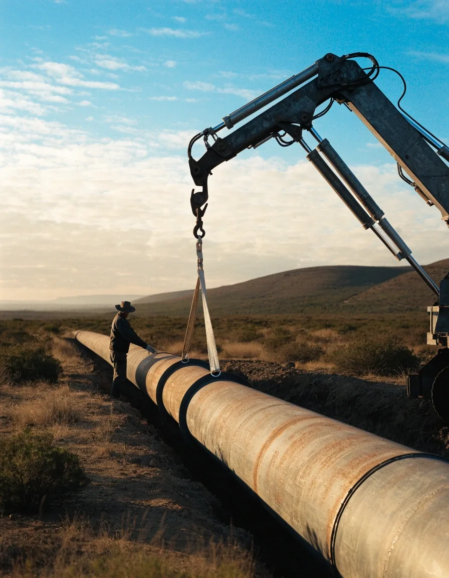 Tubería de acero tendida en zanja sobre terreno árido patagónico durante la construcción del gasoducto
