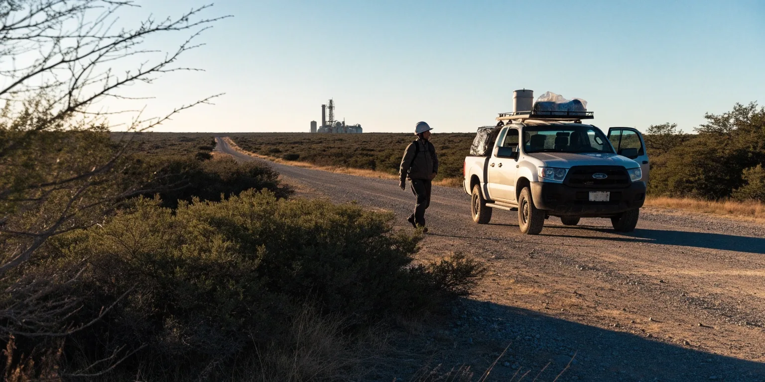Camino de servicio de grava hacia una estación compresora en el horizonte de la estepa