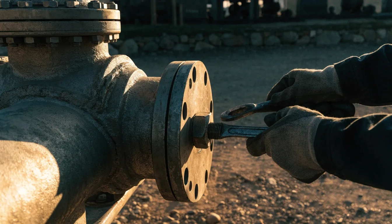 Manos de una cuadrilla ajustando una brida en una válvula de gasoducto durante la hora dorada