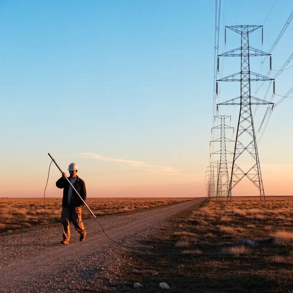 Torres de alta tensión y camino de servicio sobre la estepa neuquina al atardecer