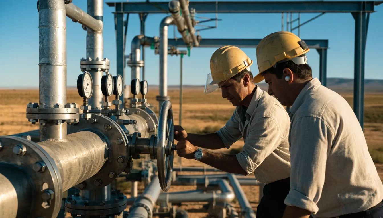Cuadrilla de soldadura uniendo la costura de un ducto de gran diámetro en un obrador patagónico al atardecer