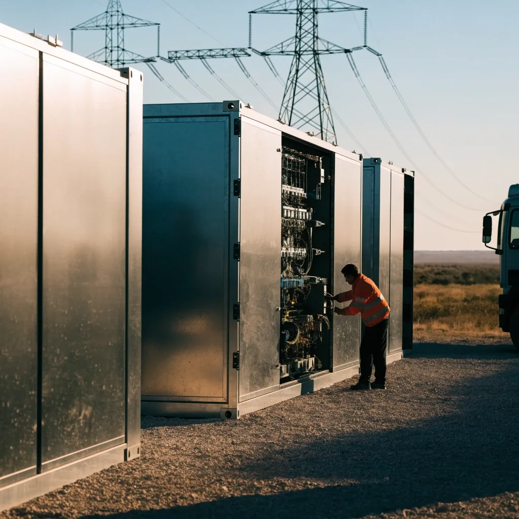 Patio de contenedores de baterías sobre platea de grava junto a una traza eléctrica en la estepa