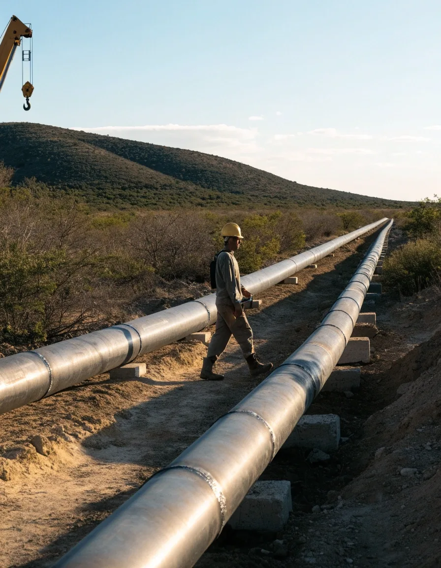 Traza de un ducto enterrado cruzando la estepa patagónica con tramos de caño junto a la zanja
