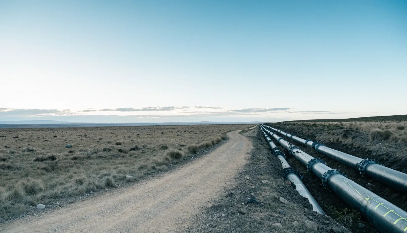 Trazado de gasoducto atravesando la meseta con tubería acoplada junto al camino de servicio
